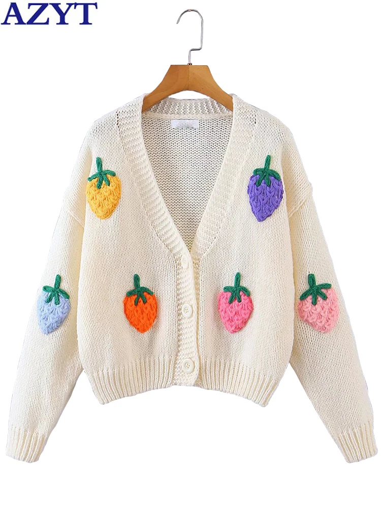 

AZYT 2022 New Embroidery Sweater Cardigan Female Loose V Neck Retro Knit Cardigan Autumn Long Sleeve Sweater Coat suéteres