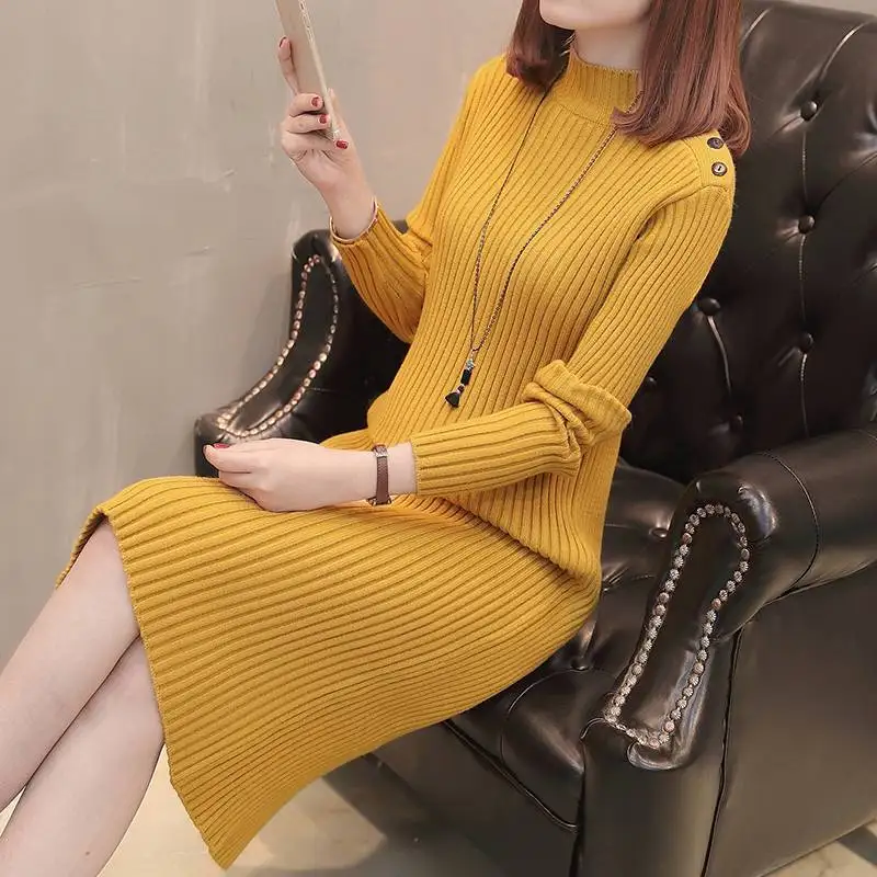 

Crochet Midi Solid Knee Length Knit Cover Up Sexy Daring Female Dress Bodycon Turtleneck Women's Dresses Sensual Sale Clothing