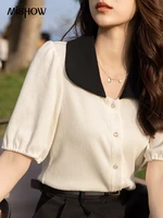 mishow elegant women fashion blouses 2022 summer french retro solid doll collar pullover short sleeve woman shirts mxb27x0235