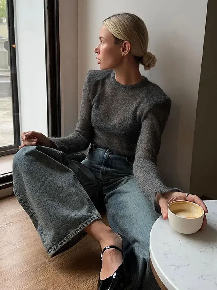 Модный однотонный вязаный свитер с круглым вырезом элегантный облегающий тонкий