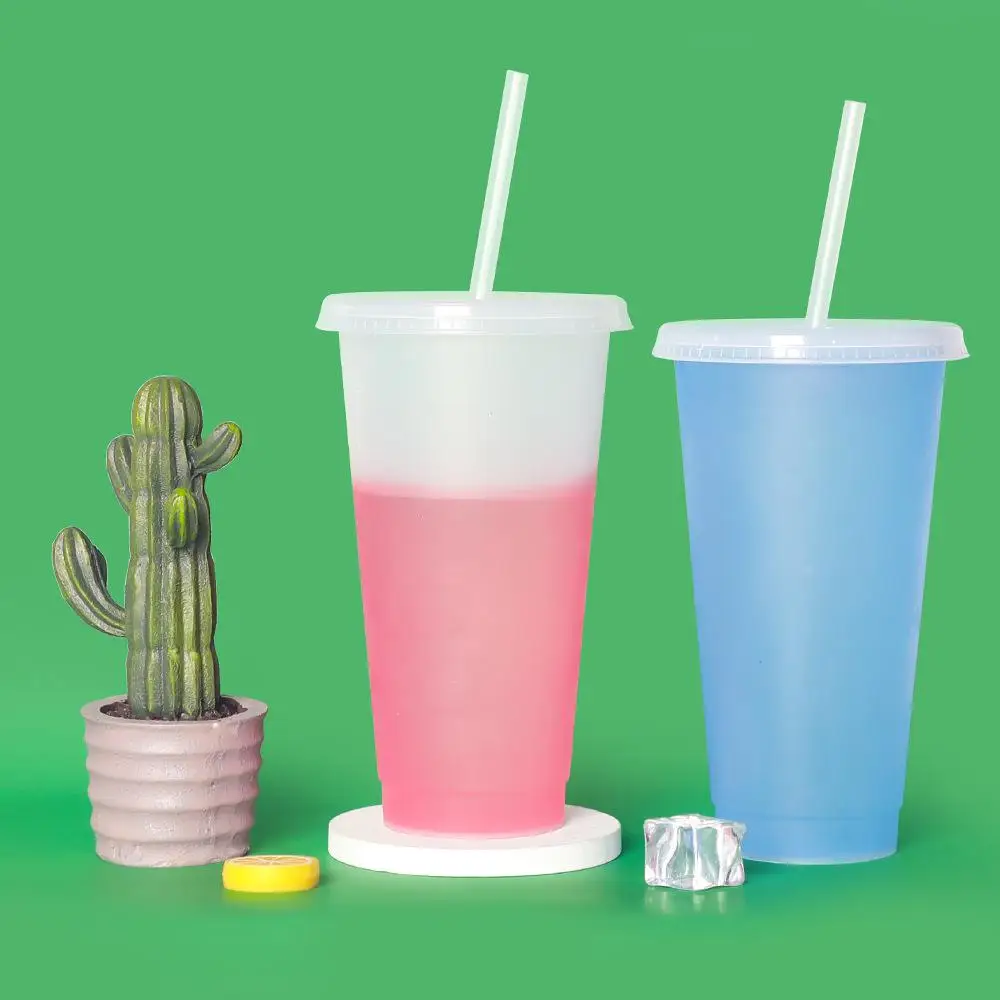 

710ml Single-layer Transparent Plastic Color-changing Cup Reusable Temperature-sensitive Color-changing Straw Water Cup