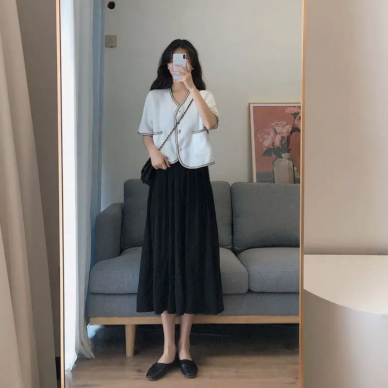 

Two Piece Set Women 2022 Summer Loose High Waist A-Line Skirts + Short Sleeve V-neck Cardigan Coats Ladies Clothing Suits K23