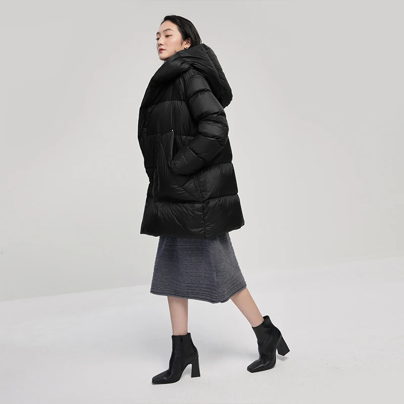 Thick Hood Women Jacket  Office Lady  90%  White Duck Down  Winter Warm Coat Women  Covered Button Adjustable Waist