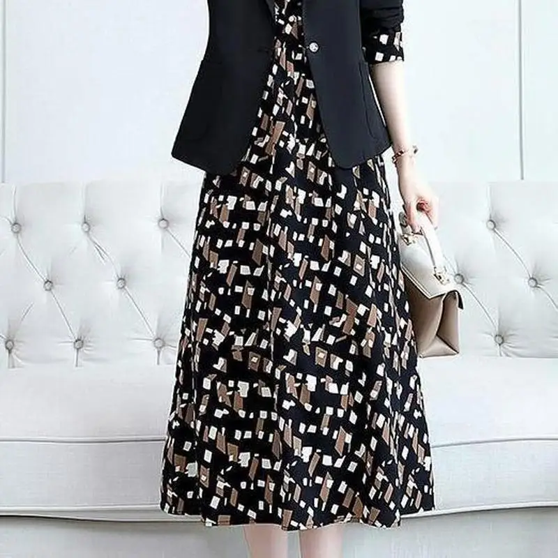 Women's Fashion Suit Set 2022 Fall New Casual Blazers Jacket Dress Two Piece Korean Elegant Vintage Floral Sling Midi Skirt Suit