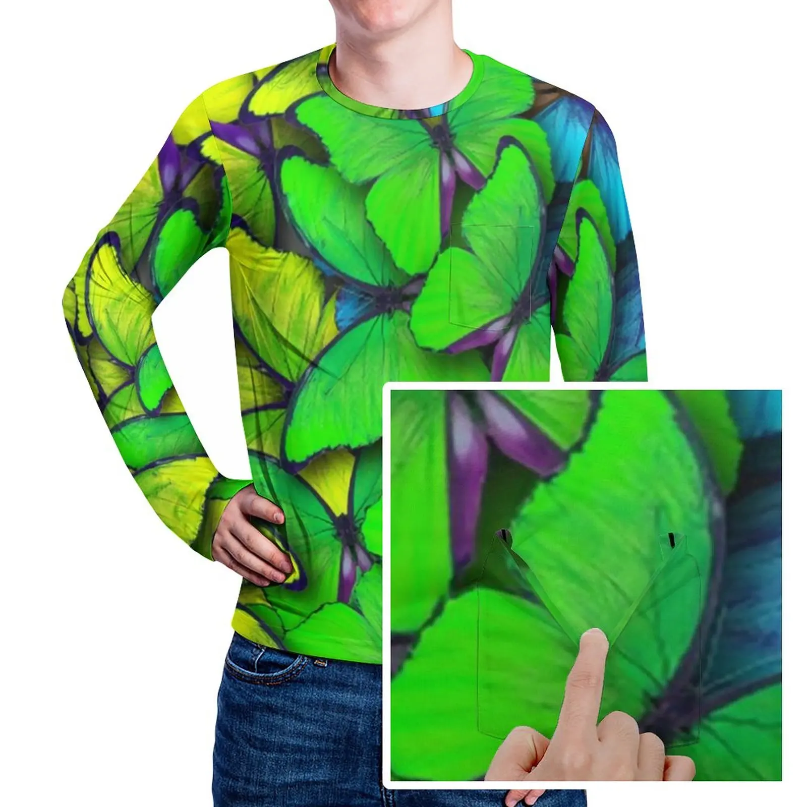 

Мужская футболка с принтом бабочек, с длинным рукавом и карманами