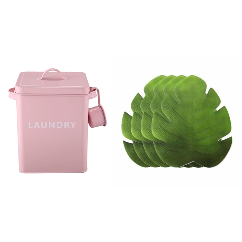 

1 Pcs Kitchen Bathroom Storage Organizer Box With Spoon & 4 Pcs Banana Leaf Coaster Table Mat