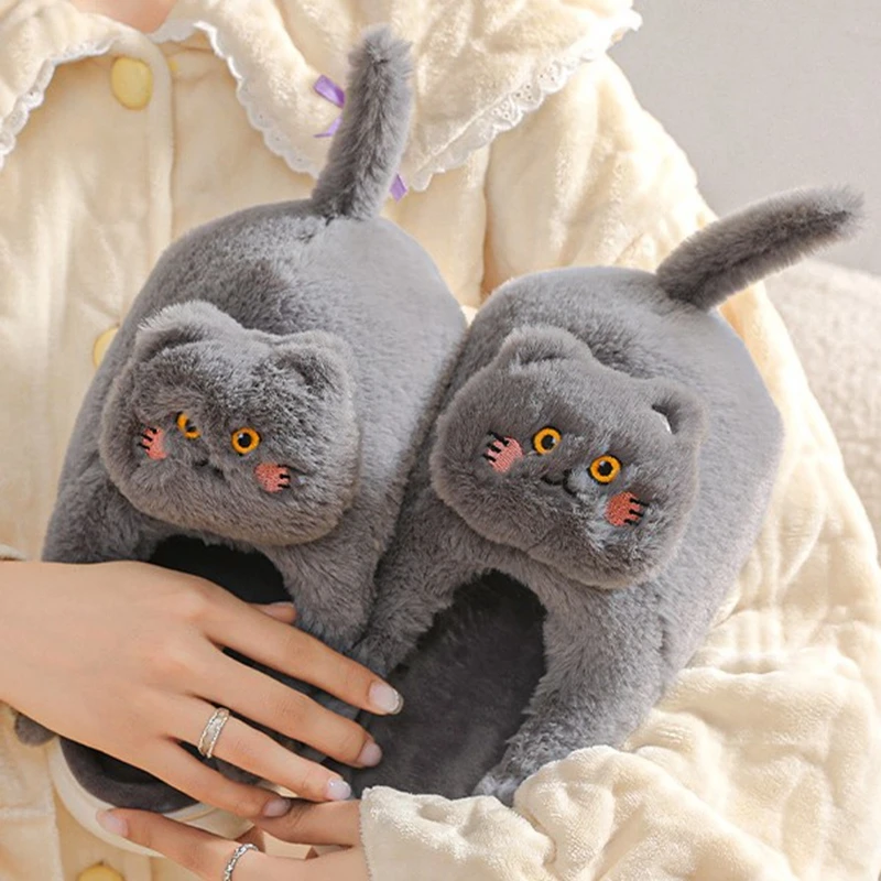 

Женские Симпатичные тапочки с котом, зимние домашние тапочки для пола в помещении, меховые тапочки для женщин, зимние теплые хлопковые тапо...