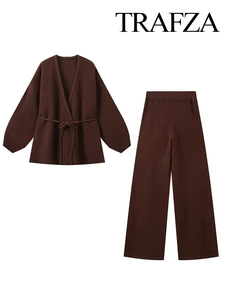 Женский осенний вязаный комплект из 2 предметов топ на шнуровке с V-образным