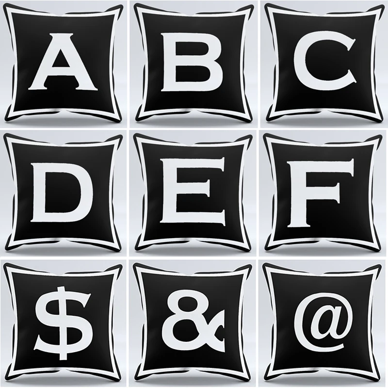 

Simple Black White Letter Alphabet Printed Pillowcase Decorative Pillows Cushion Cover For Home Sofa Car Office Cojines 45x45cm