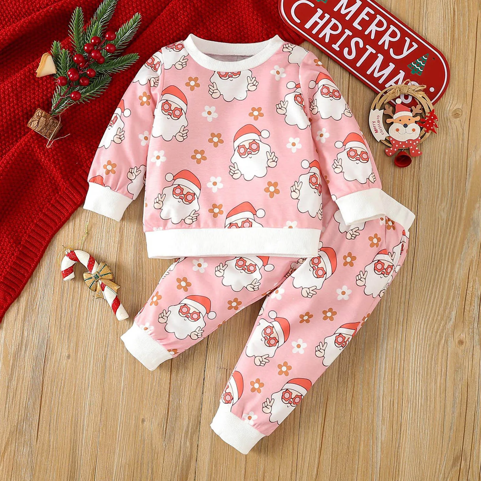 

2pcs Boys Girls Long Sleeve Christmas Cartoon Prints Clothes Shirt Pullover Tops Pants Outfits