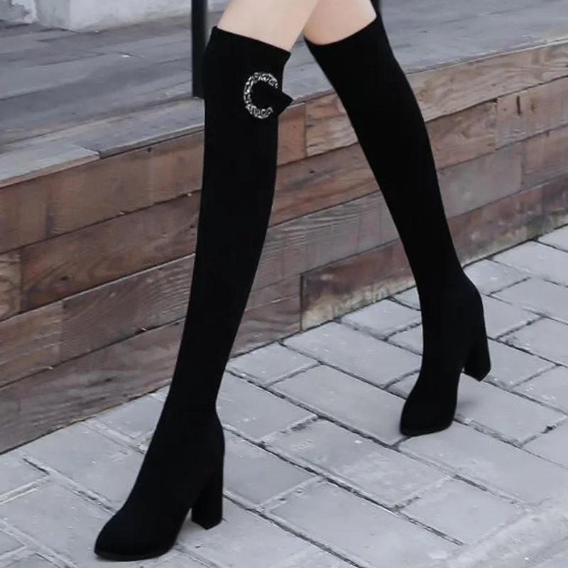 

Женские высокие сапоги, зимние теплые сапоги выше колена с острым носком, замшевые сапоги на высоком каблуке, новинка 2023
