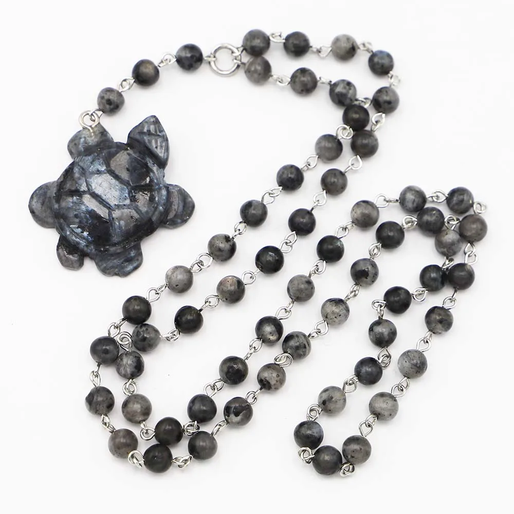 Natural Stone Round Beads Black Glitter Sculpture Tortoise Pendant Necklace Sweater Chain DIY Jewelry Making Wholesale Gift 1Pcs