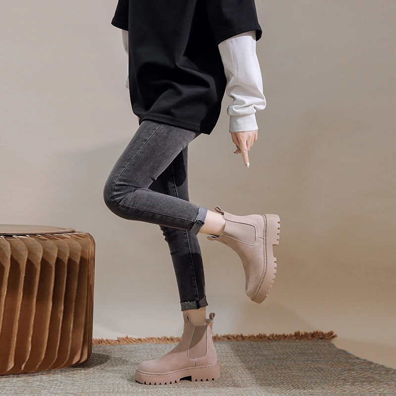 

Spring Frosted Genuine Leather Chelsea Boots Female Casual Boots Fashion Preppy Style Pu Women Shoes