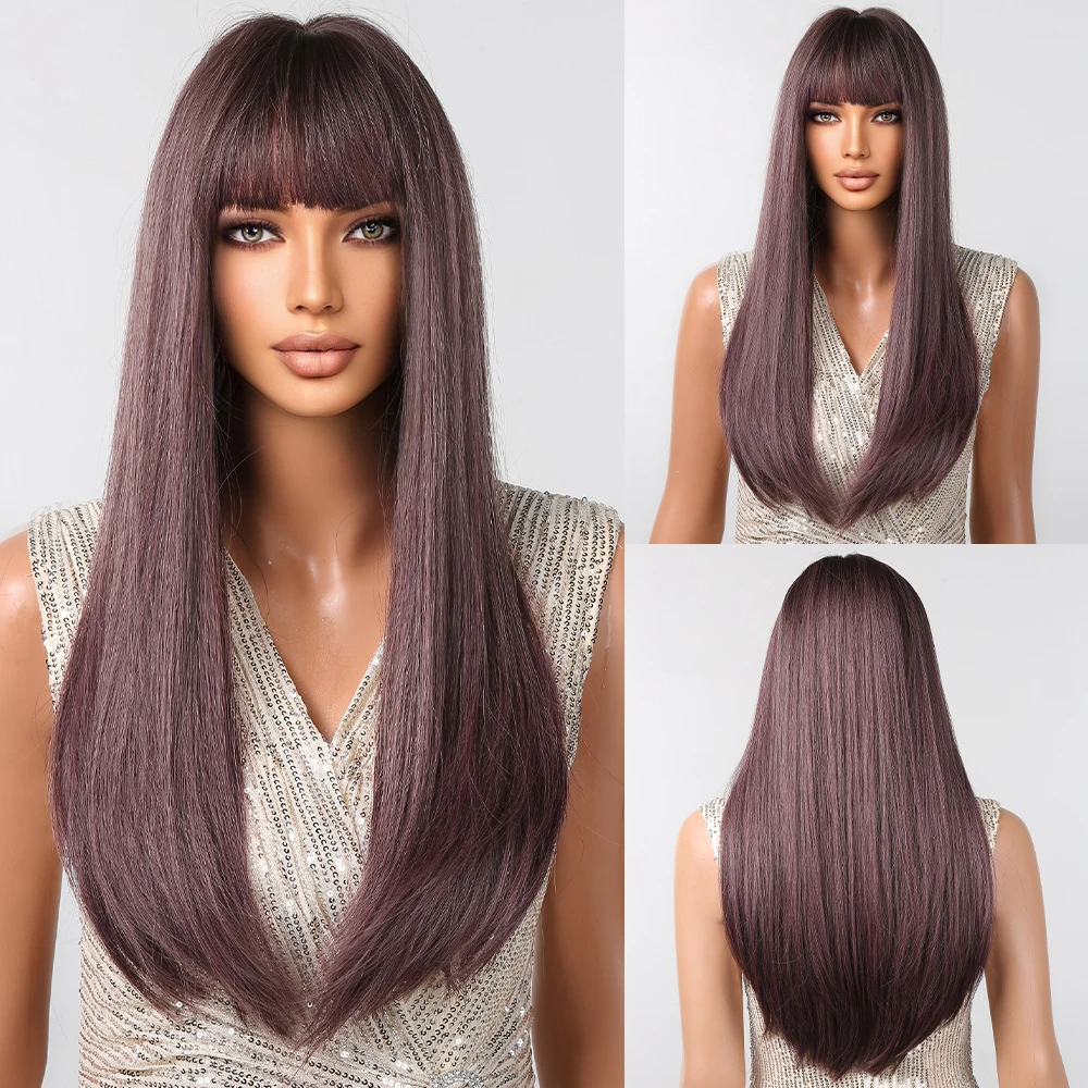 EASIHAIR Purple Color Synthetic Hair Wigs with Bangs Ombre Long Straight Cosplay Women's Wig Heat Resistant Party Costume Hair