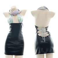 lolita girl sexy cosplay laser hollow out bandage cheongsam suspender leather homewear bodysuit women fashion black lingerie set