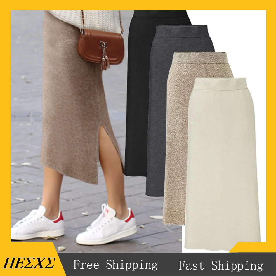 

2023 Fashion Autumn Winter Korean Knitted Women Skirts Large Size Elastic Waist Split A-line Skirts Female Plus Size Skirts