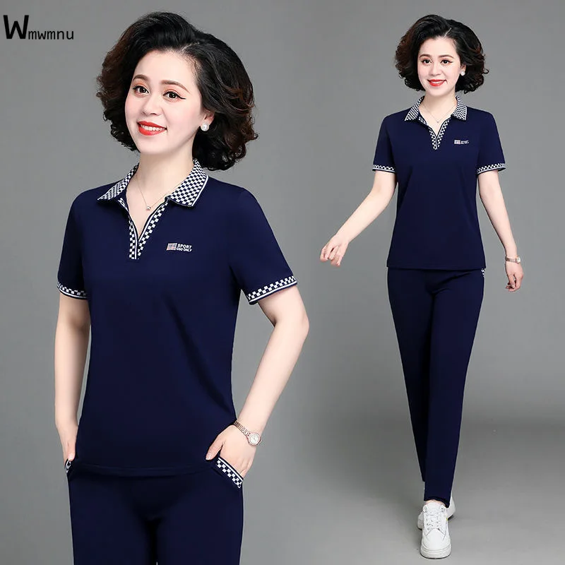 

Women's Two Piece Set White Casual Suit Mom Large Size 4XL Plaid Spliced V Neck Short Sleeve Pullover Tops+Capris Pant Tracksuit