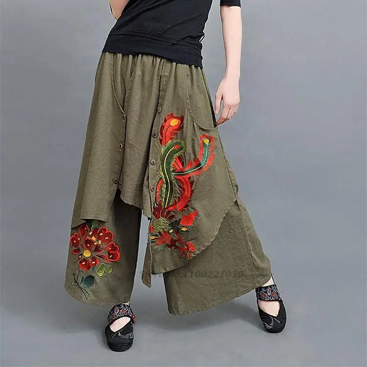 

2022 traditonal ethnic harajuku women flower embroidery pants chinese vintage wide leg pants retro oriental cotton linen pants