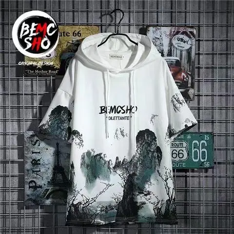 

NEW Summer T Shirt Men With Hood Men Short Sleeve Hoodies Hip Hop Tshirt Streetwear Patchwork T Shirts Men Painting Clothing
