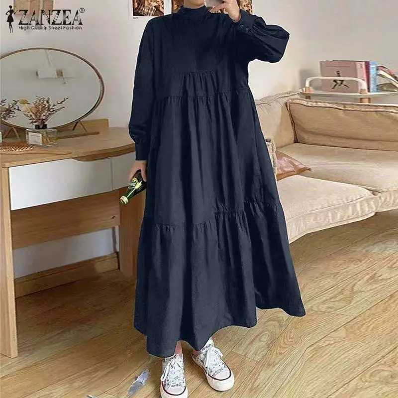 

Casual Swing A Line Vestido Women Spring Autumn Maxi Dress ZANZEA Elegant Solid Robe Longue Fashion Elegant Baggy Ruffle Dresses