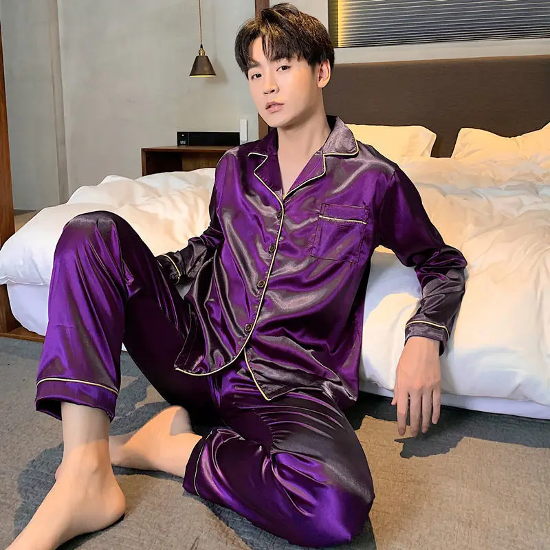 Silk Men Pyjamas Set Long sleeves Casual Home Wear Suits Spring Autumn Satin Boy Pajama Sets Leisure Shorts Male Sleepwear Set