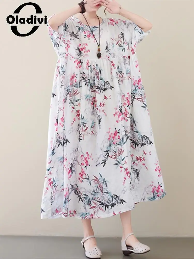 

Oladivi Large Size Women's Fashion Floral Print Bohemian Dress Summer Casual Loose Long Dresses Oversized Clothing Long Robe 116