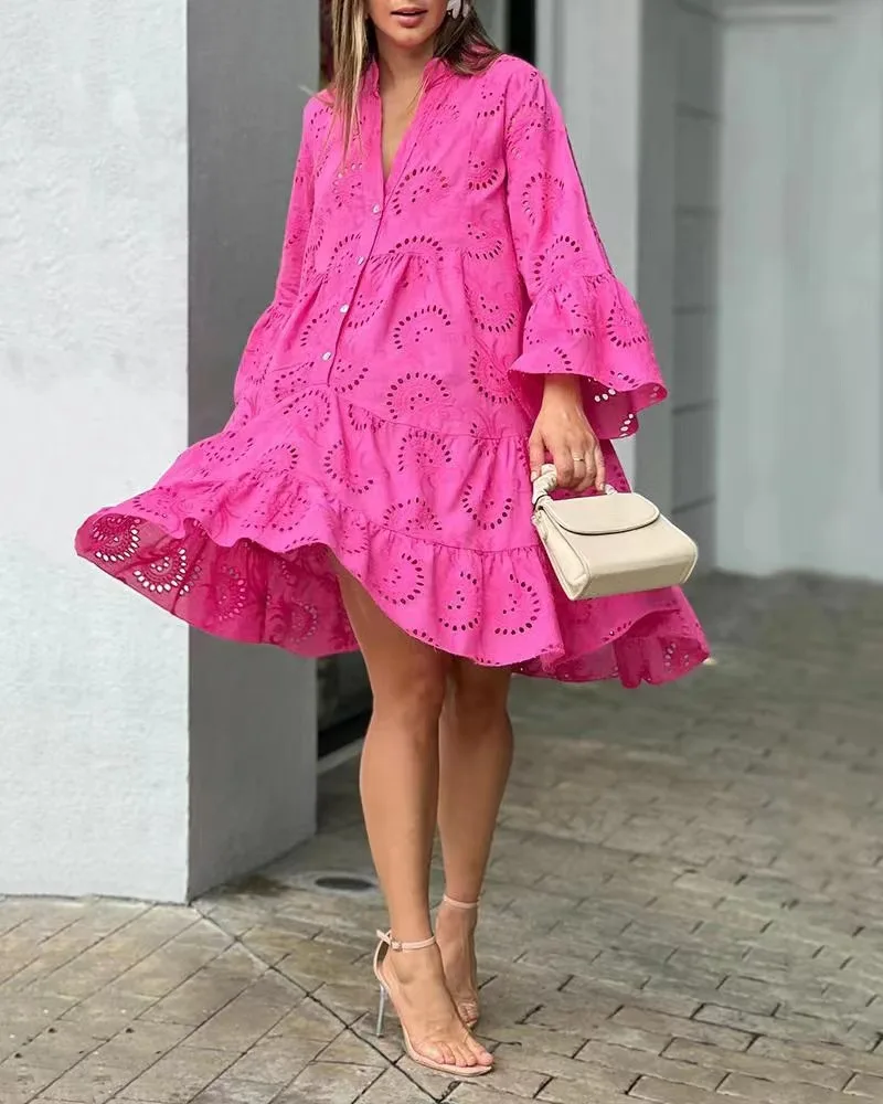 

2023 Summer Women Hollow Out Dresses Elegant Vintage Solid Lace Dress V-neck Loose Embroidery Vestidos Beach Mini Dresses