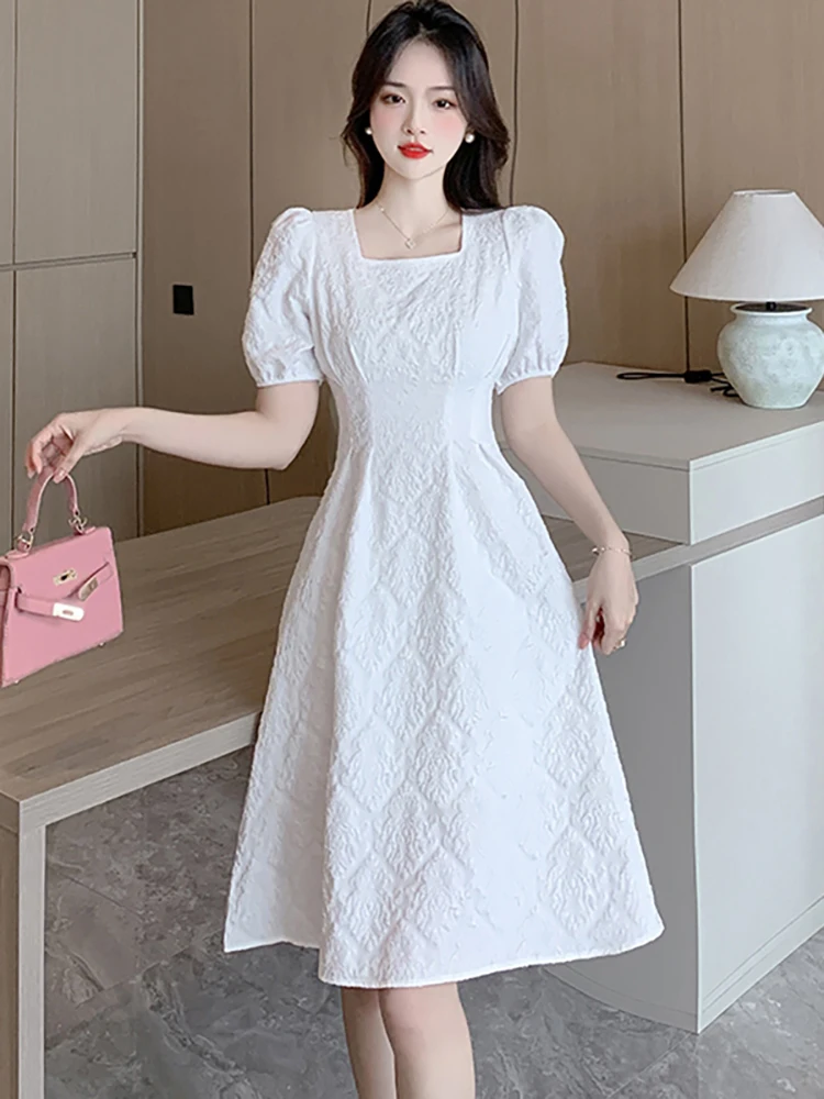 

2023 White Jacquard Short Sleeve Square Collar Midi Dress Women Elegant Casual Kawaii Dress Summer Black Vintage Hepburn Dresses