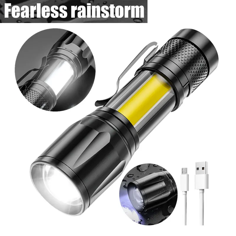 

XPE+COB LED Flashlight 3 Modes Portable Camping Lantern Telescopic Zoom USB Rechargeable Waterproof Mini for Hiking Emergency