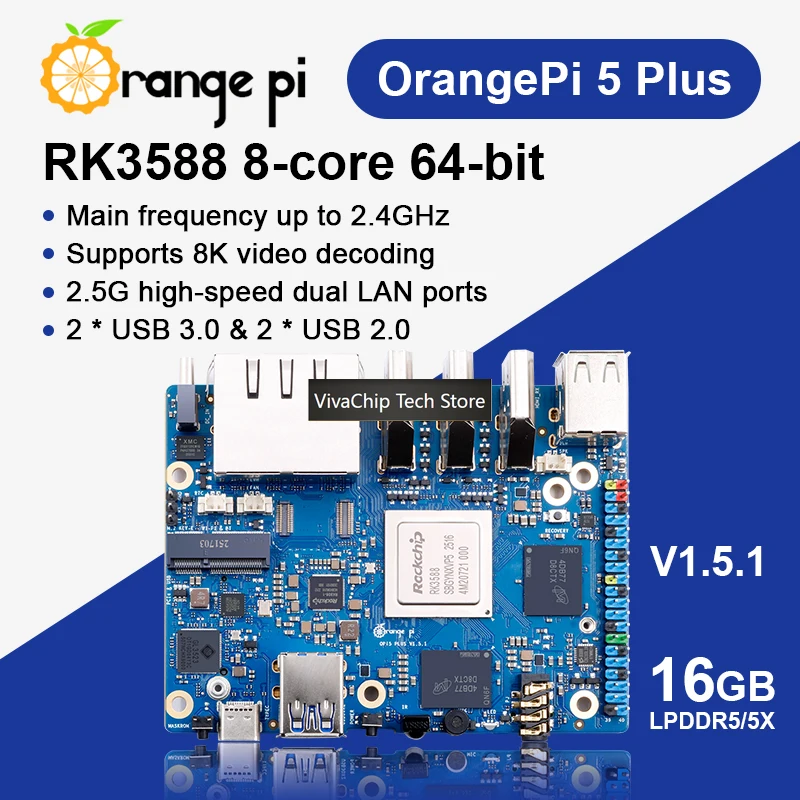 Фото Модуль VivaChip TechOrange Pi 5 Plus 16 ГБ ОЗУ LPDDR5 V1.5.1 Версия RK3588 PCIE с внешними модулями WiFi-BT и SSD, поддержка 8K, для разработки на Orange Pi5 Plus №2