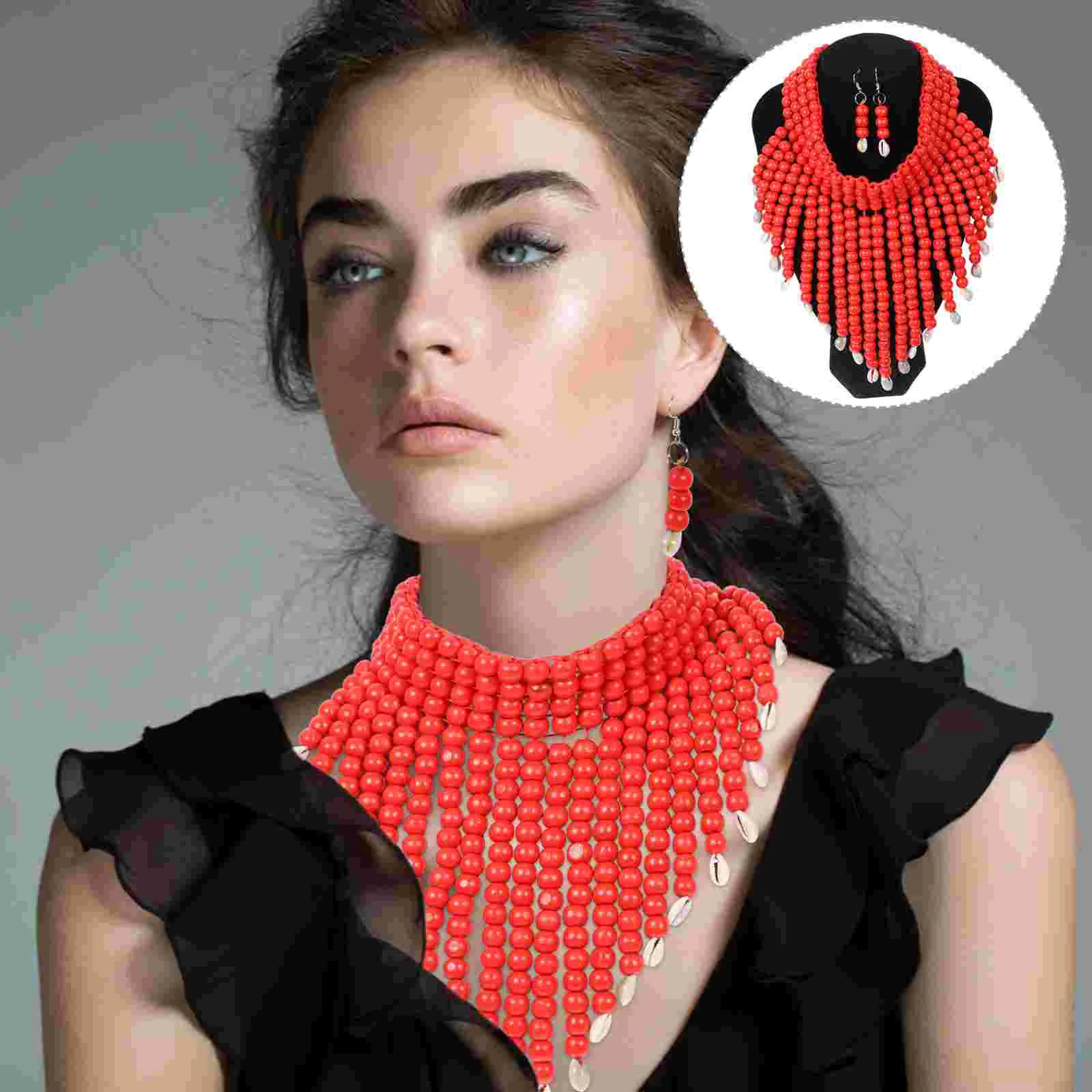 

Necklace Beaded Collar Wooden Earringsbib Chunky Shell Set Earring Bead African Wood Drop Jewelry Forchoker Exaggerated
