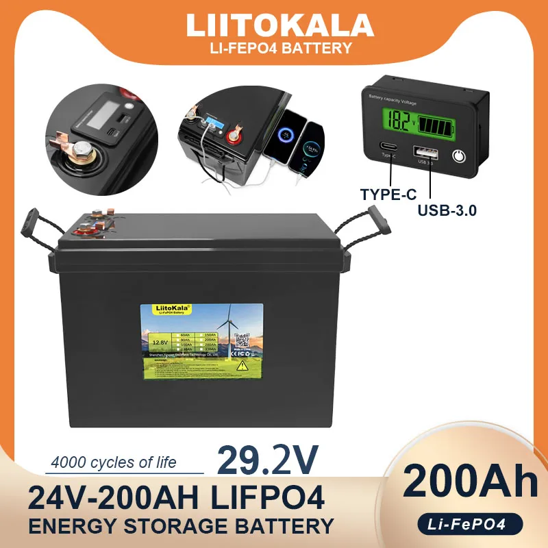 

LiitoKala 24V/25.6v 100AH LiFePO4 Lithium Battery USB3.0 Type-C Output Inverter Car lighter Batteries 29.2V Charger Tax Free