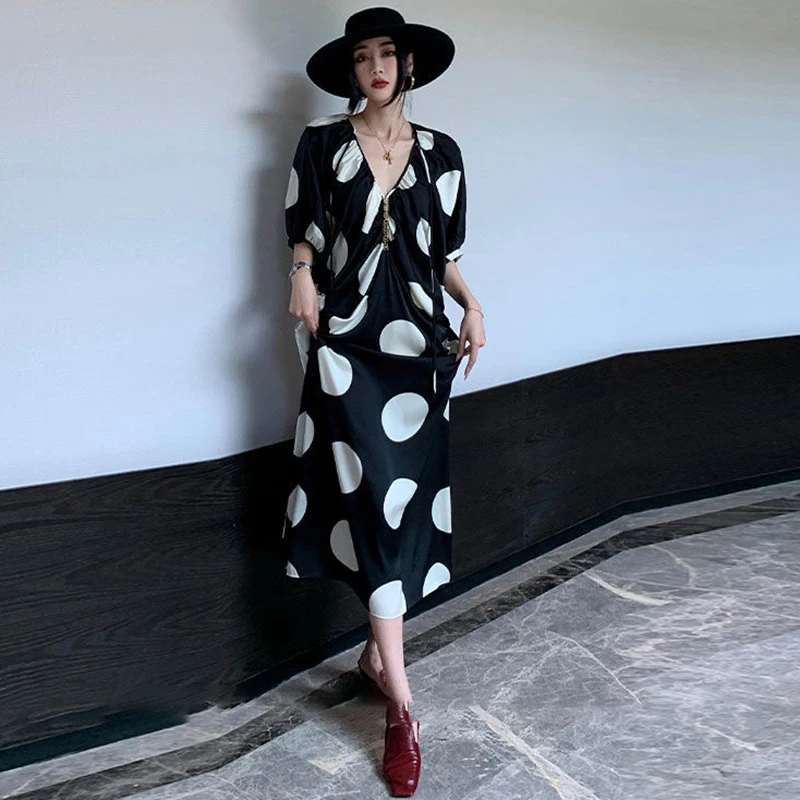 

2023 New Vintage Overszie Bat Sleeve Dress Women's Summer Elasticity Dot Print V-Neck Dress Long Baggy Casual Loose Dresses