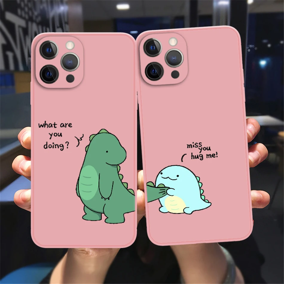

Cute Couples Dinosaur Phone Case For iPhone 13 12 11 14 Pro Max XSMax XR X 8 7 14Plus Pink Liquid Silicon Soft Bumper Back Cover