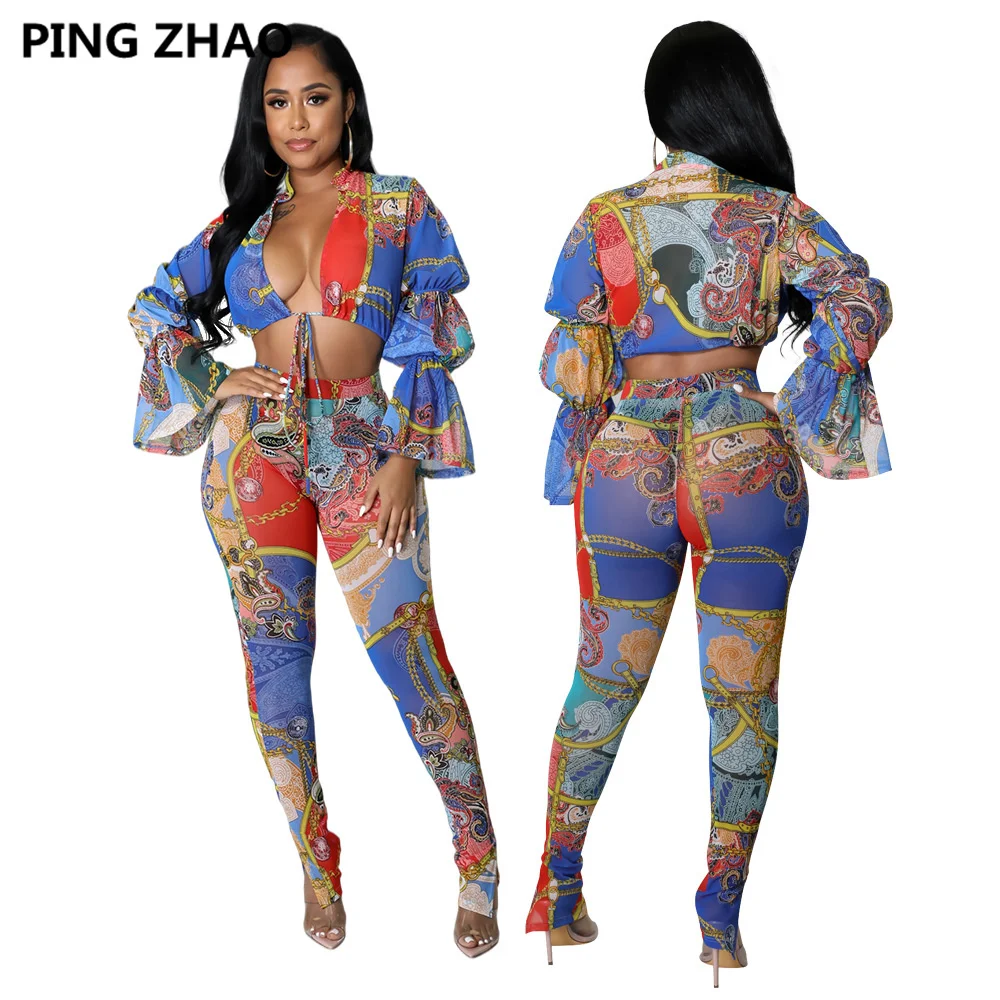 

PING ZHAO Elegant Bandanna Paisley Two piece Set Women Mini Shirt Top Legging Pants Matching Set Tracksuit Outfit