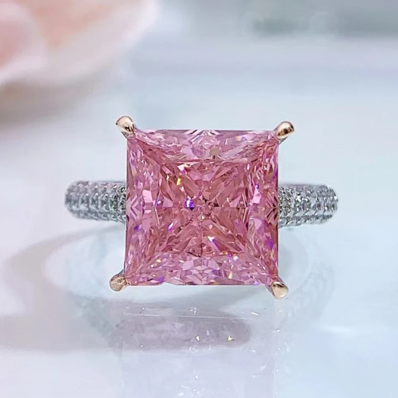

925 Sterling Silver Wedding Ring for Women 10MM Yellow Pink High Carbon Diamond Gemstone Rings Fine Jewelry