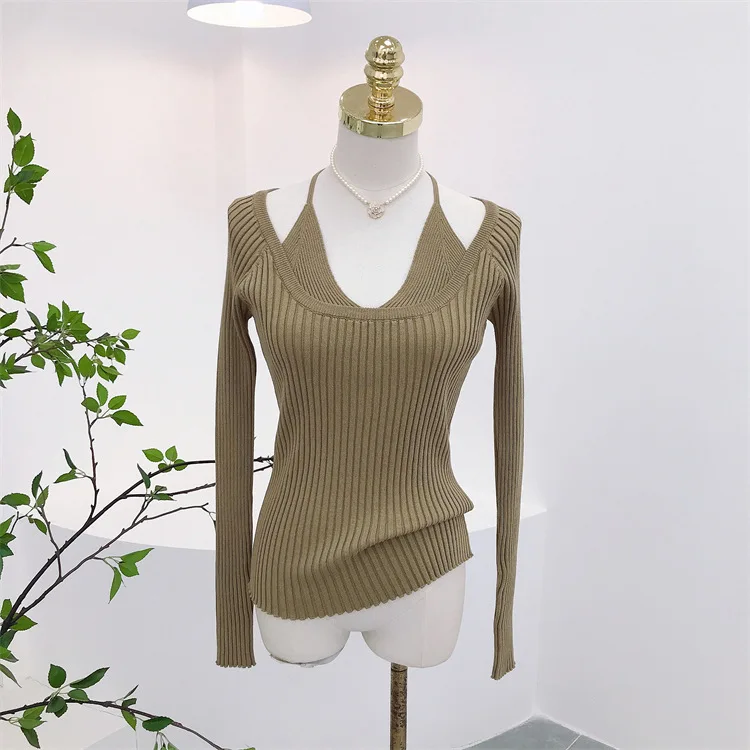 

Женский трикотажный пуловер с V-образным вырезом, с длинным рукавом