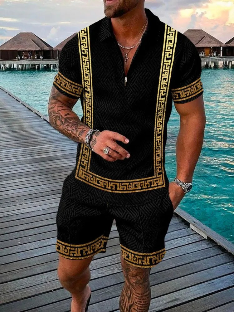 Summer Fashion Men's Polo Shirt Suit Lapel Printed Zipper T-shirt and Casual Shorts 2-Piece Set Casual Breathable Men's Clothin