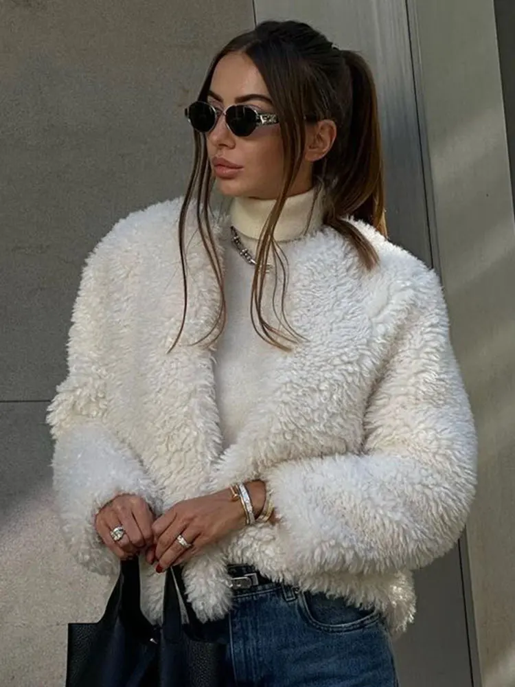 

Элегантный однотонный плюшевый теплый короткий кардиган, женская модная куртка с круглым вырезом и длинными рукавами, Осень-зима 2023, Женская шикарная верхняя одежда