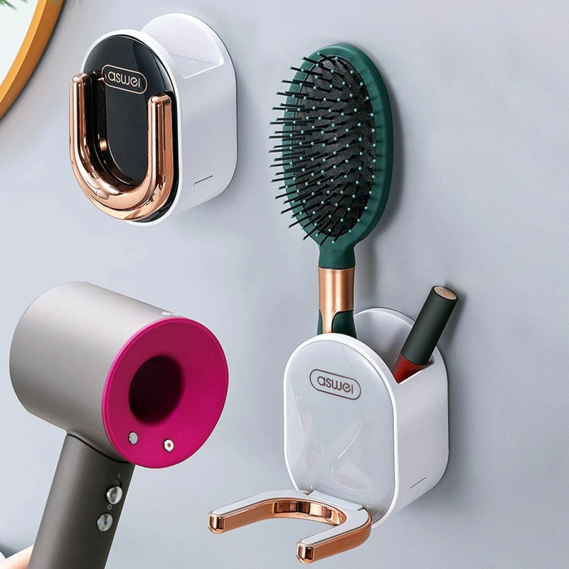 

Wall Mount Hair Dryer Holder Foldable U Shaped Hook with Storage Box Rack for Home Bathroom Shower Bathing Razor Comb