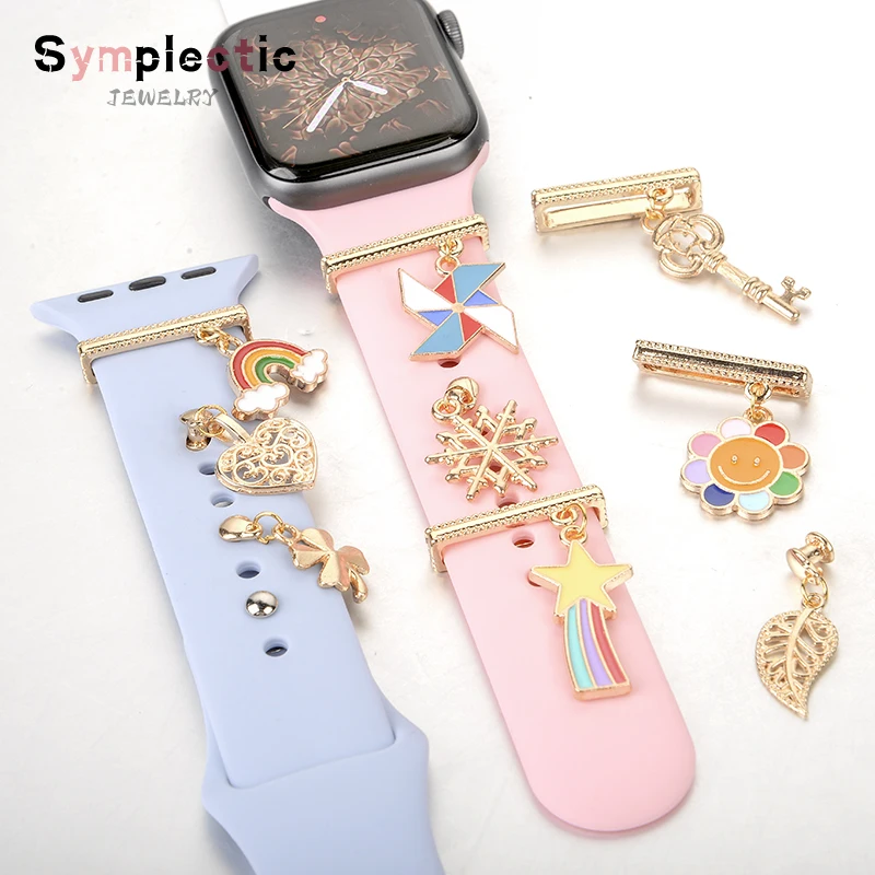 

Symplectic For Apple Watch Band Diamond Alloy Pinwheel Rainbow Snowflake Charms for iWatch Silicone Strap Accessories Decorative