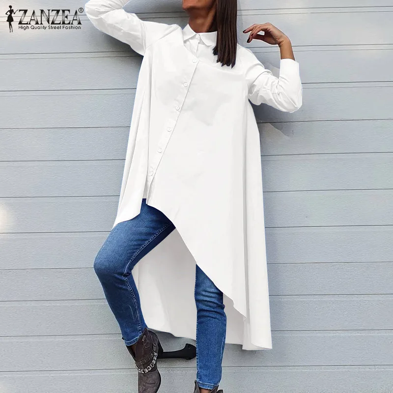 

ZANZEA Women's Asymmetrical Blouse Shirts OL 2022 Long Sleeve Tops Tunic Fashion Casual A-line High Low Oversized Blusas Chemise