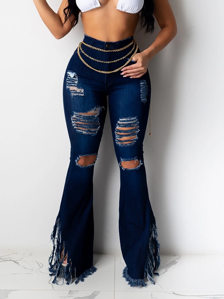 

Женские рваные джинсы с бахромой HAOYUAN, летние модные сексуальные брюки синего цвета с высокой талией, узкие расклешенные джинсовые брюки, 2023