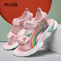 plvzb summer new fashion kids sandals for girls soft leather upper pink kids beach shoes sandals rainbow design cute girls shoes