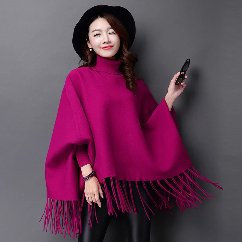 

High quality Autumn Winter Sweaters Poncho Turtle Neck Batwing Jumper Sleeve Tassels Hem Pullover and Sweater Loose Oversized