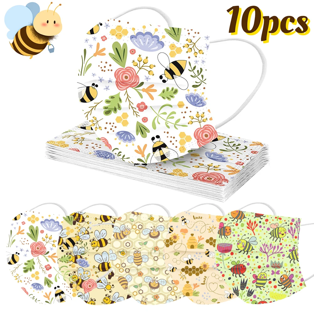 Одноразовые маски с пчелами и цветами для взрослых (10 шт.)