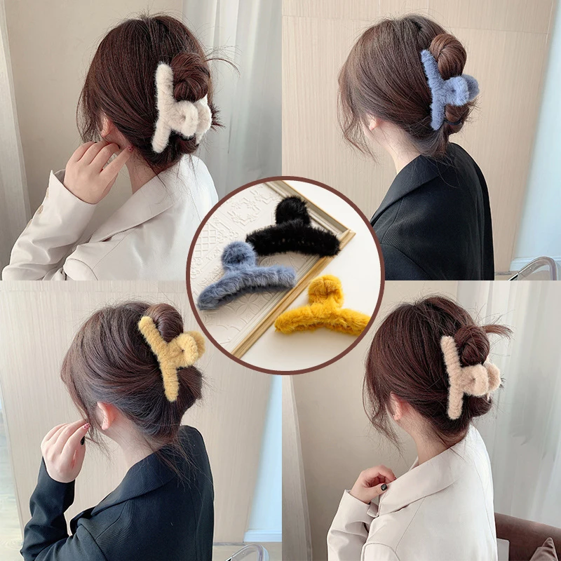 

Winter Plush Women Hair Claw Solid Color Fashion Faux Fur Hair Clip Barrette Crab Elegant Acrylic Hairpins Hair Accessories