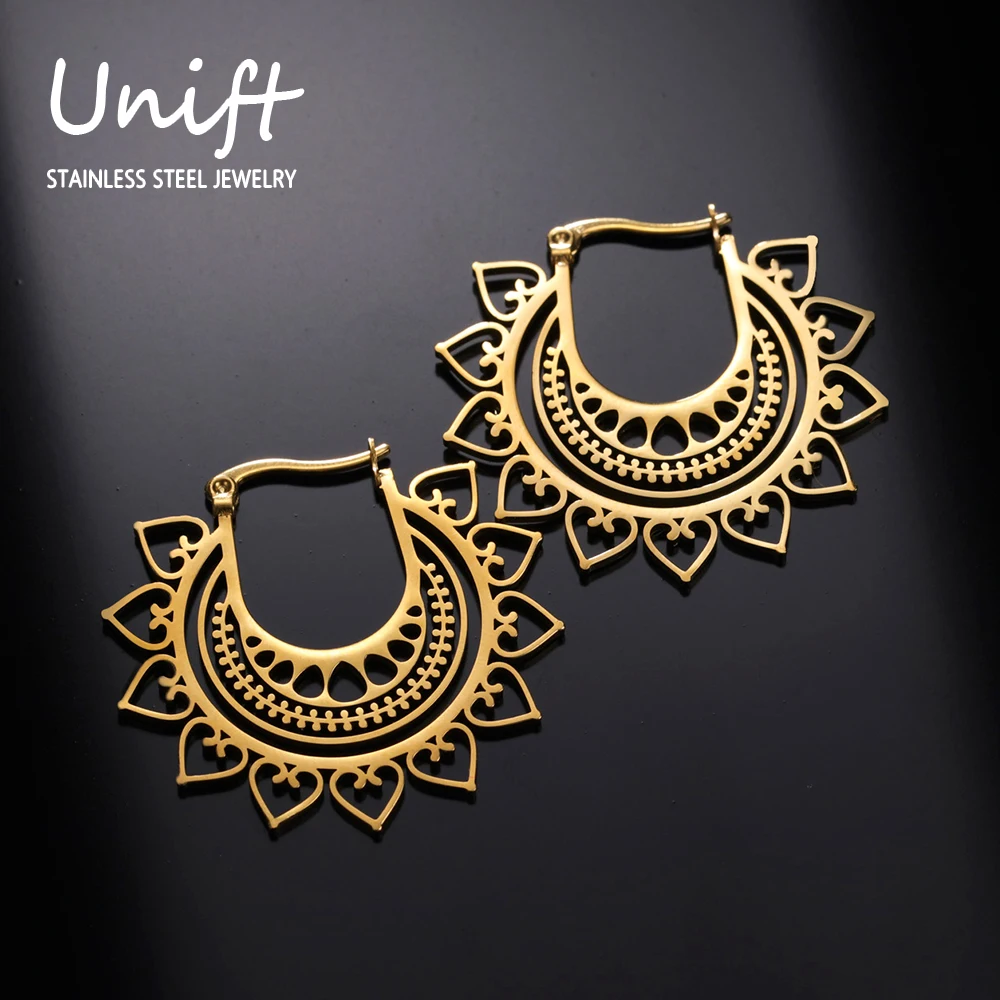 Unift Filigree India Lotus Mandala Hoop Earrings for Women Stainless Steel Earrings Bohemian Vintage Ethnic Jewelry Party Gift