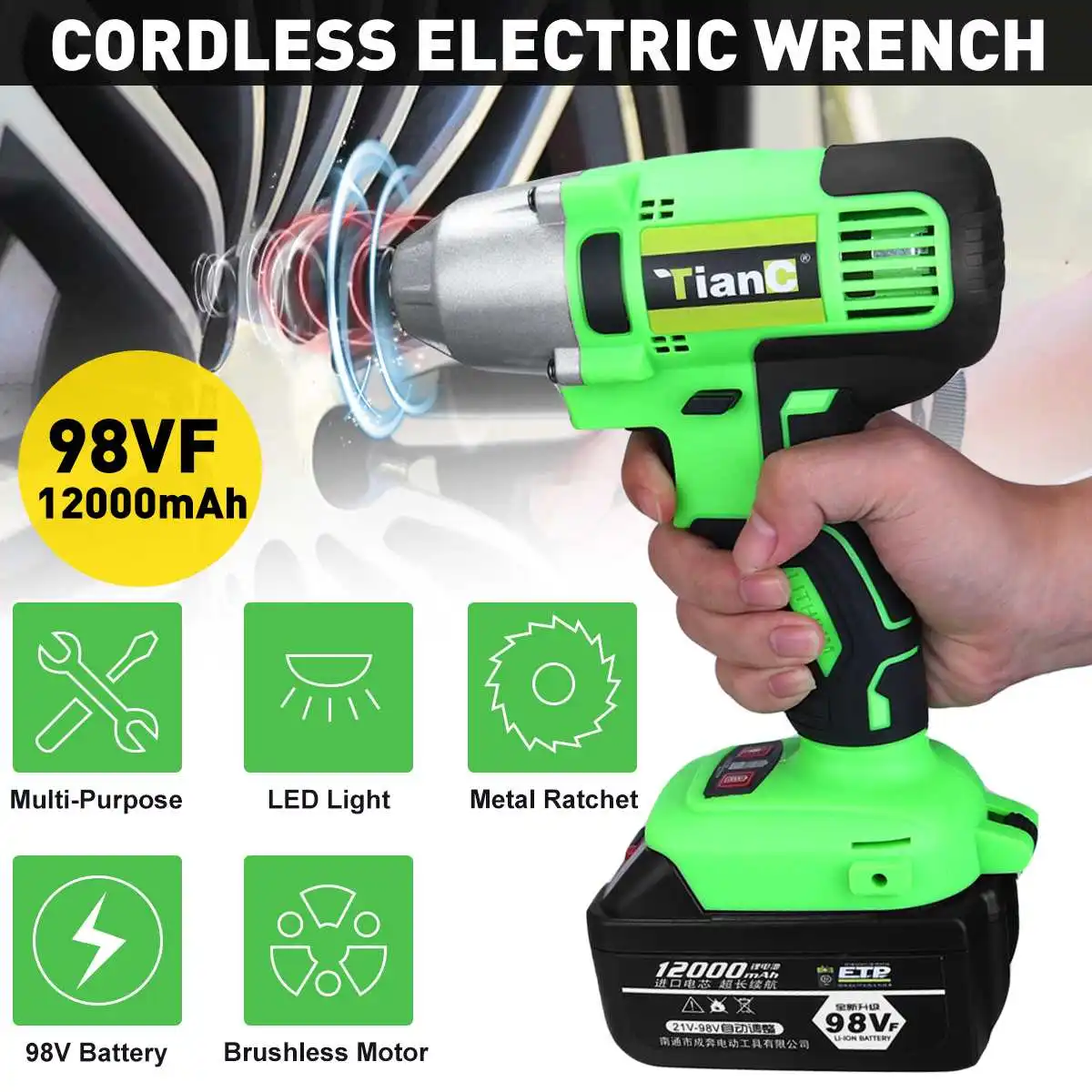 

98VF 12000mAh Brushless Electric Impact Wrench 520N.m Torque 1/2 Wrench Li-ion Batery Power Tools Adapt to 18V Battery
