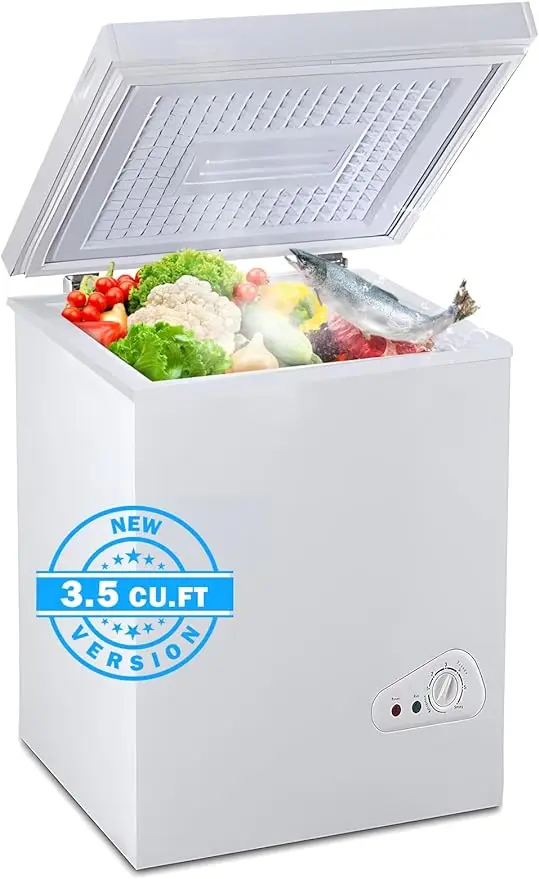

Kazigak Compact Chest Freezer, 3.5 Cu.Ft. Deep Freezer with Basket, 6 Level Adjustable Temperature, Top Door Mini Freezer White